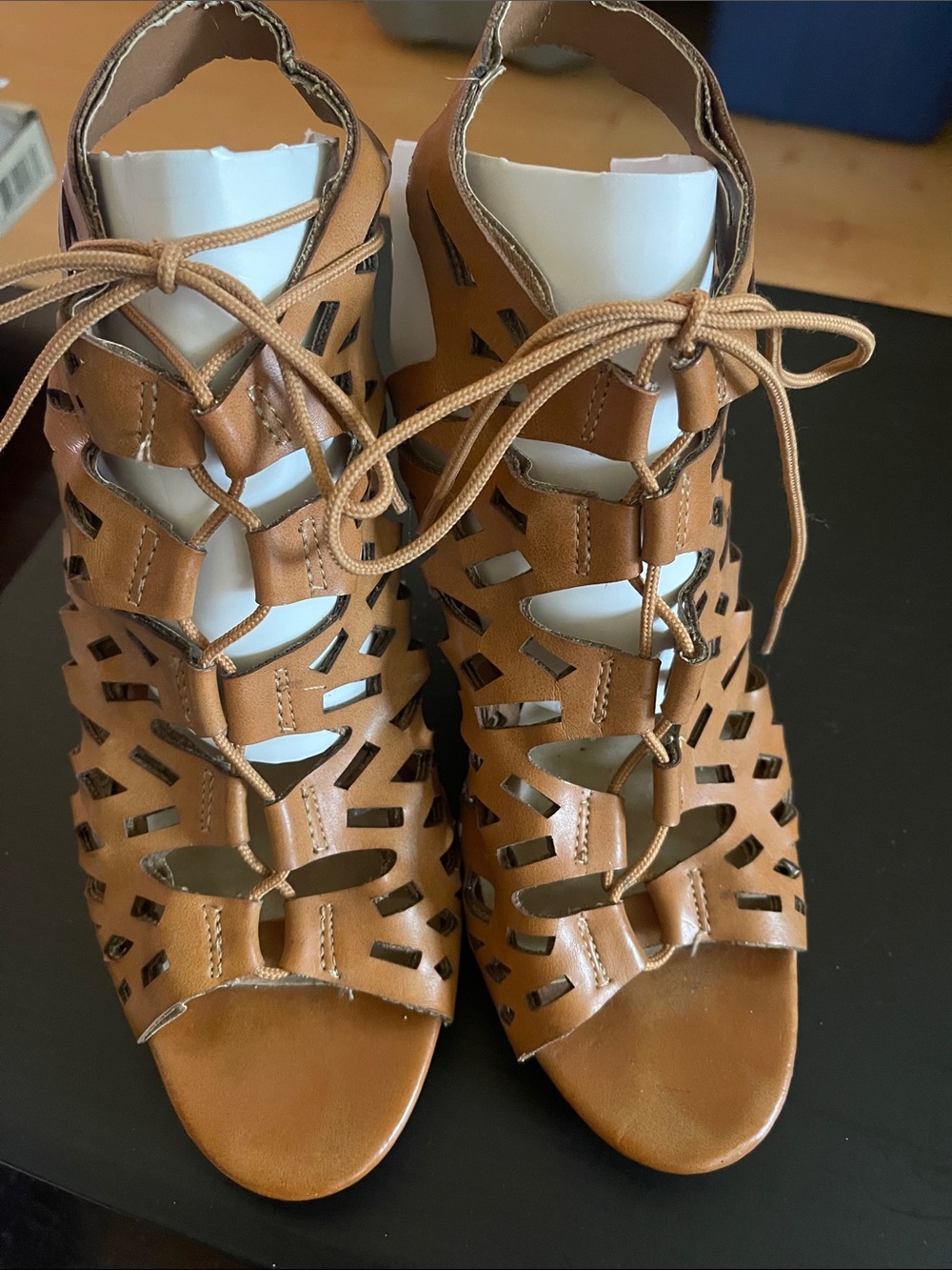 CP Shades Tan Laser-Cut Lace-Up Heeled Sandals